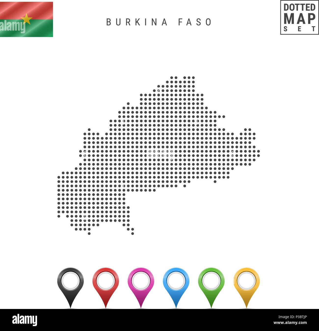Motif Dots Carte vectorielle du Burkina Faso. Carte stylisée du Burkina Faso. Drapeau du Burkina Faso. Les marqueurs de carte multicolore Illustration de Vecteur