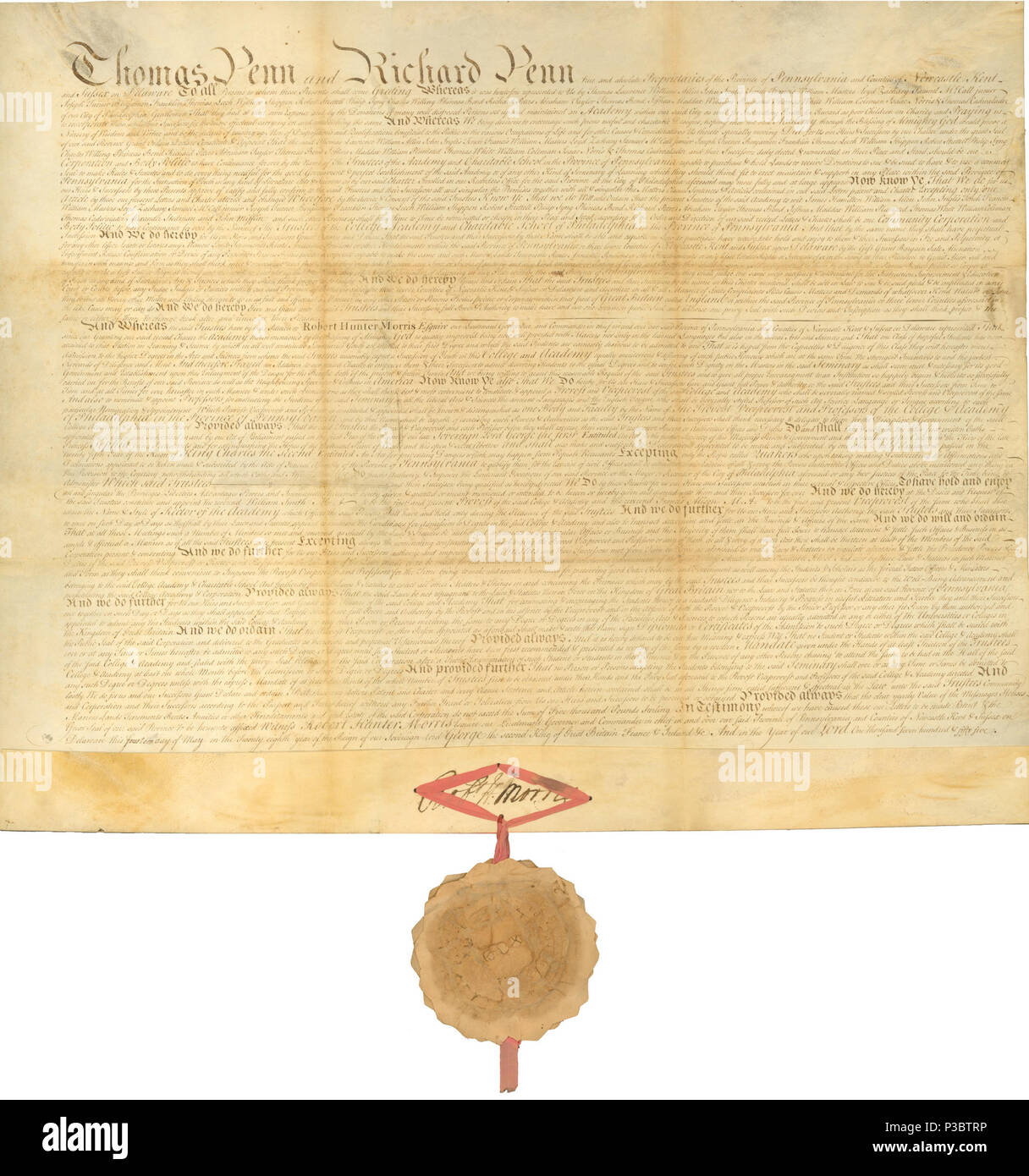 . Anglais : Charte de la College de Philadelphie, qui est rapidement devenu l'Université de Pennsylvanie . 14 mai 1755 2 Charte de l'ordre de l'Université de Pennsylvanie (Philadelphie) 1755 Banque D'Images