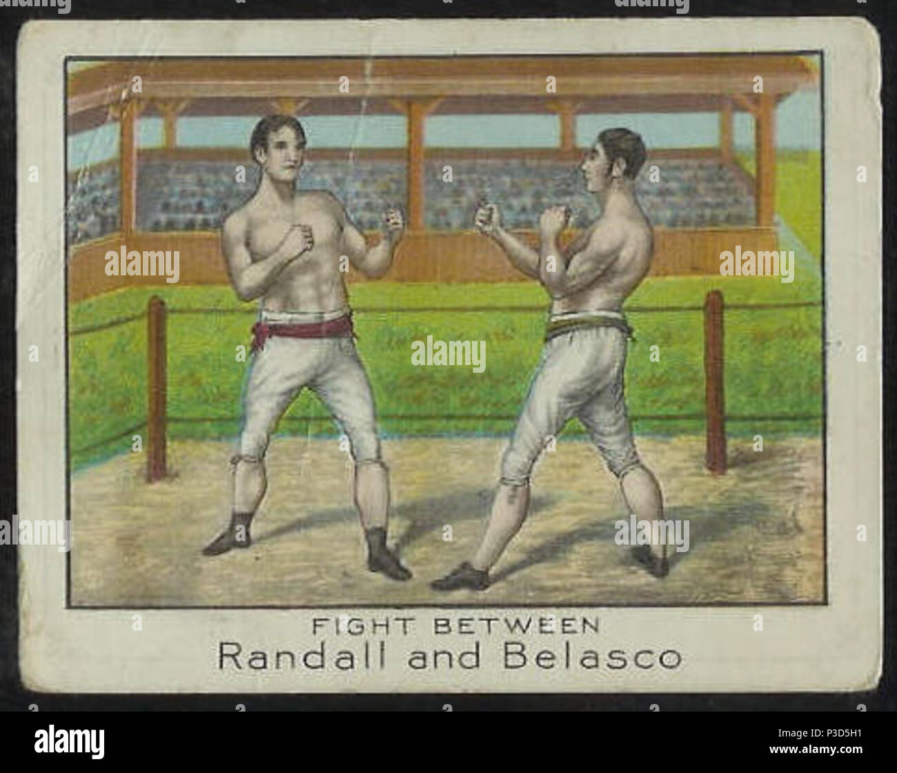 Anglais : une carte de tabac produite par la Mecque des cigarettes pour la  srie T-220, avec une correspondance entre les boxeurs Jack Randall et Aby  Belasco. 1910. La compagnie de