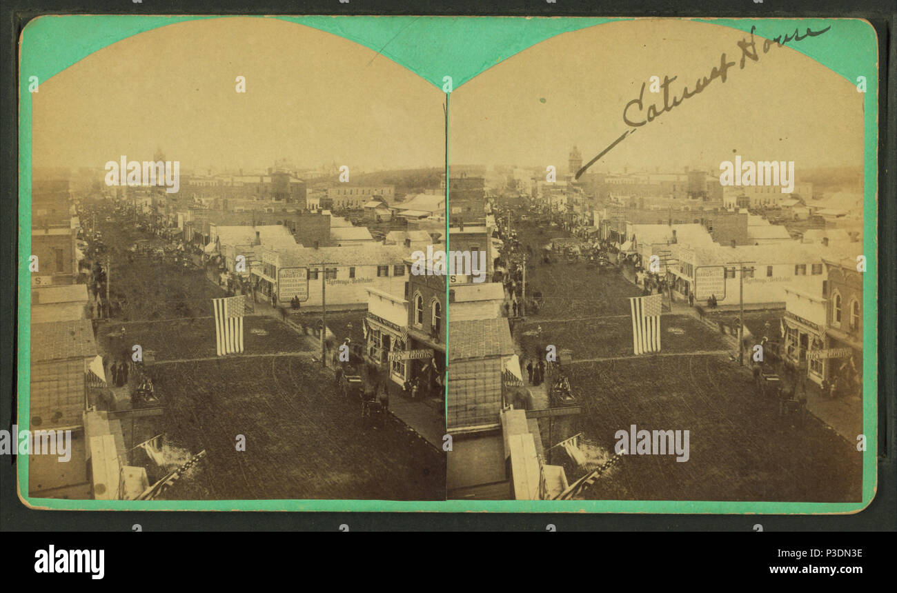 . Sioux Falls montrant drapeau américain survolant rue, immeuble identifié comme maison de la cataracte. Titre alternatif : Vues de Sioux Falls et les environs. Couverture : 1866-1920 ?. Mentions légales Source : 1866-1920 ?. Point numérique publié le 2-16-2006 ; mise à jour 2-13-2009. 272 Sioux Falls montrant drapeau américain survolant rue, immeuble identifié comme maison de la cataracte, par L. C. Bean Banque D'Images