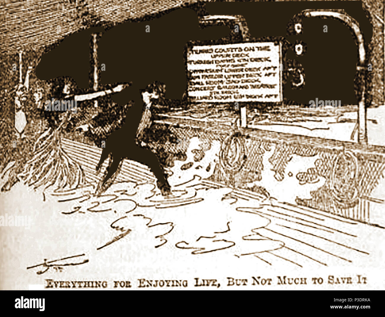 Une critique de presse 1912 caricature commentaires sur l'absence de l'équipement de sauvetage qui a mené au naufrage du RMS Titanic Banque D'Images