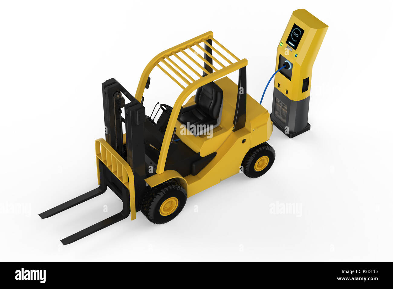 Chariot élévateur de rendu 3d avec station de charge électrique frais Banque D'Images