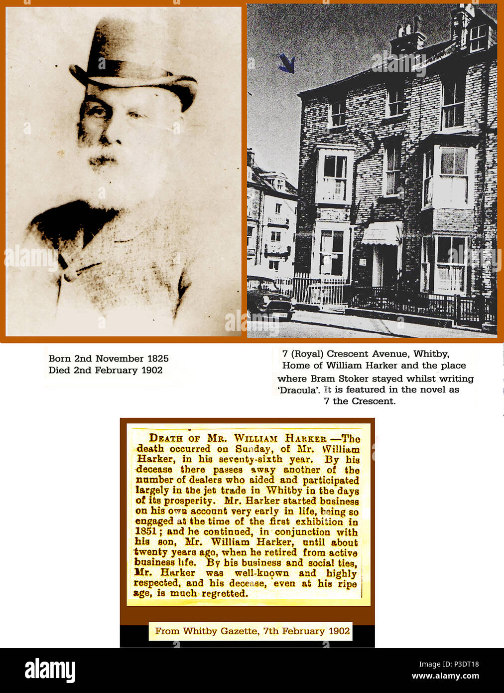 L'entrée d'album montrant portrait de William Marchand Jet Whitby Harker, (1825-1902), annonce sa mort et sa maison où Bram Stoker séjourné tout en écrivant DRACULA - William était un artiste talentueux et est bien connu pour son portrait d'un agriculteur local 'rolleyhole» Banque D'Images