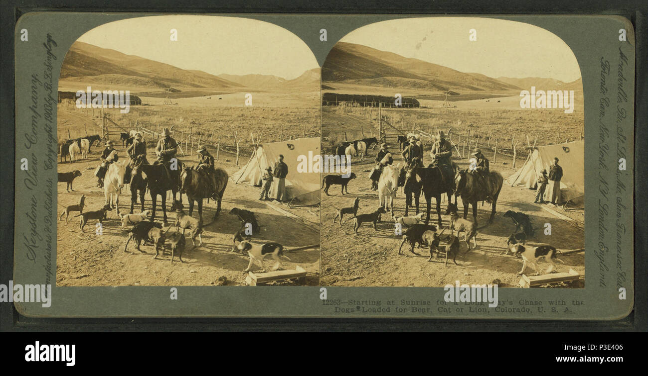 . Partir au lever du soleil pour une longue journée de chasse avec les chiens. Chargé pour l'ours, le chat ou lion, Colorado, États-Unis d'Publié : c1903. Couverture : 1870 ?-1903. Mentions légales Source : 1870 ?-1903.. Article publié le 12-1-2005 numérique ; mis à jour le 2-13-2009. 282 à partir de lever du soleil pour une longue journée de chasse avec les chiens. Chargé pour l'ours, le chat ou lion, Colorado, Etats-Unis, de Robert N. Dennis collection de vues stéréoscopiques Banque D'Images