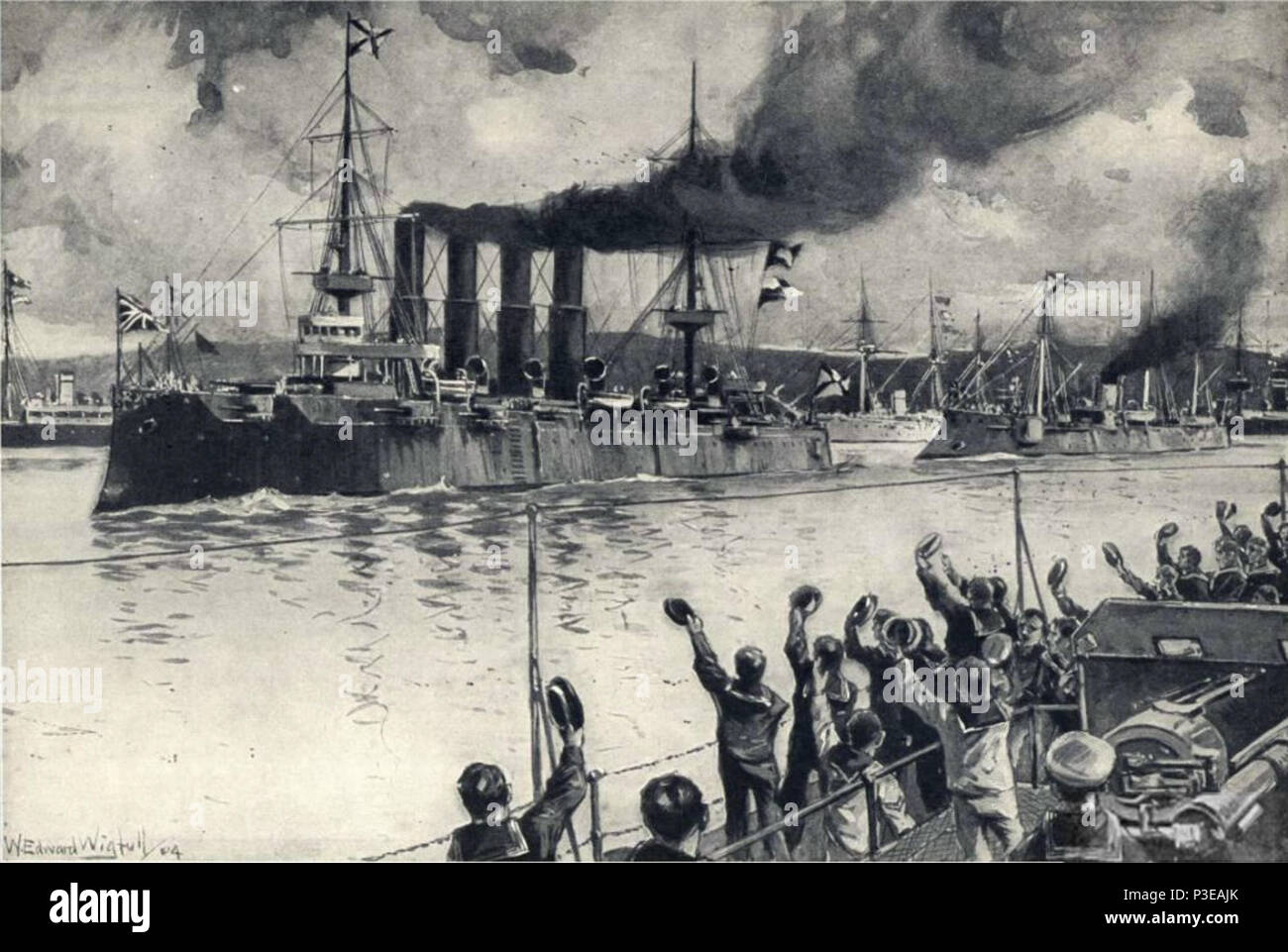 . Le Life magazine Description : English : Le 'cours' Variag out à son sort. À propos de 11h30 les équipages des 'Variag" et "Korietz" monté sur le pont ; les souches d'agitation de l'hymne national russe ont été entendus, et les navires étrangers dans l'harboor savait que les deux navires ont été condamnés à la lutte. La fumée jaillissait de la grande sur la 'entonnoirs' Variag comme elle a ouvert la voie, avec son épouse à l'arrière. peu gallant Dans un élan commun de respect pour ces hommes qui ont été allant ainsi à donner leur vie en vain les équipages des navires étrangers a éclaté en applaudissements bruyants. 1904. Edward W. Banque D'Images