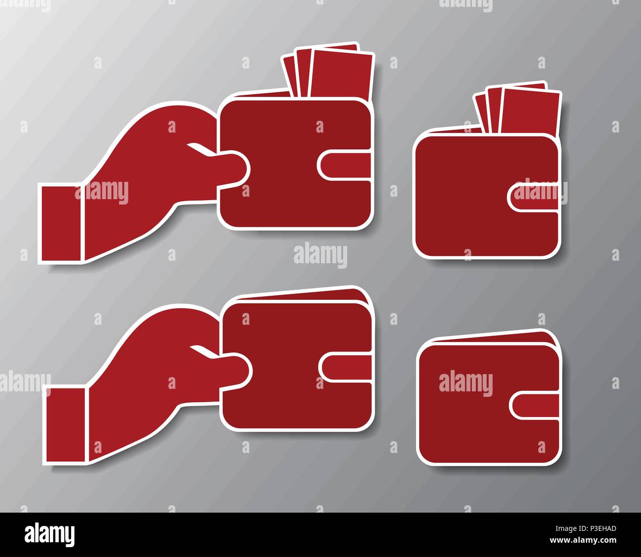 Icônes d'ensemble porte-monnaie rouge avec des billets en euros et de pair avec l'ombre - isolé sur fond gris, vector Illustration de Vecteur