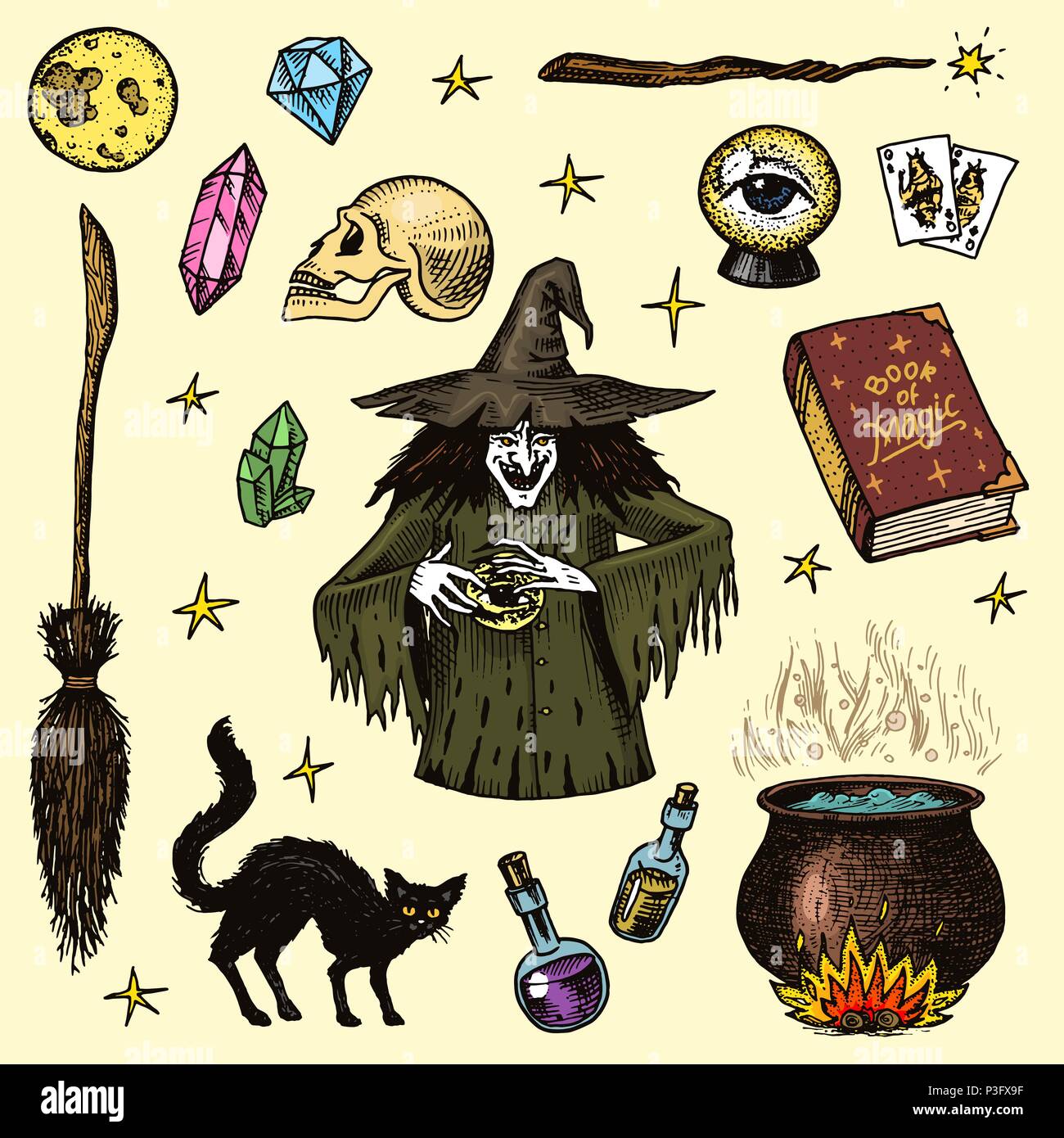 Éléments d'Halloween. Magic Ball, la sorcière avec le livre de sorts,  maudit chat noir, et de la sorcellerie, beldam hag ou hex, potion et  chaudron, crâne et la divination cartes. Gravé à