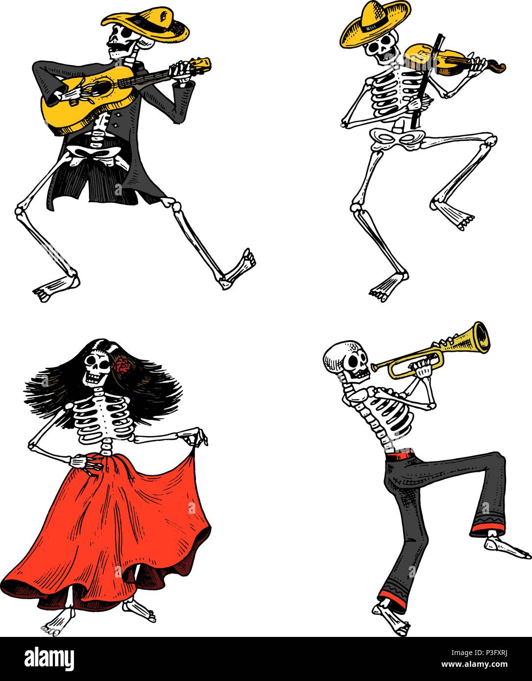 Le Jour des morts. Fête nationale mexicaine. L'inscription originale en espagnol Dia de los Muertos. Costumes de danse, de squelettes à jouer du violon, de la trompette et de la guitare. Croquis dessinés à la main, gravée. Illustration de Vecteur