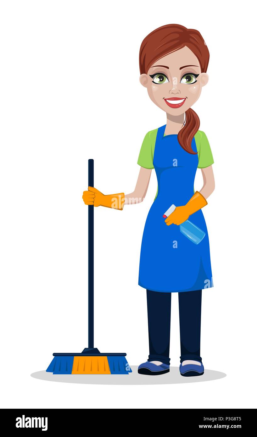 Le personnel de l'entreprise de nettoyage en uniforme. Femme personnage cleaner avec balai et pulvérisateur. Vector illustration sur fond blanc Illustration de Vecteur