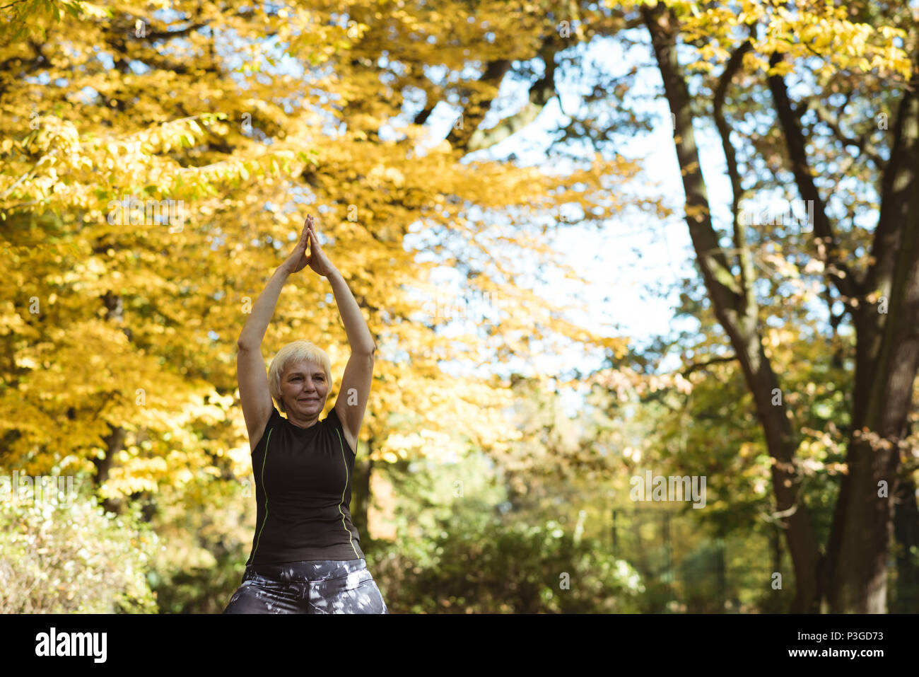 Senior woman practicing yoga in a park Banque D'Images