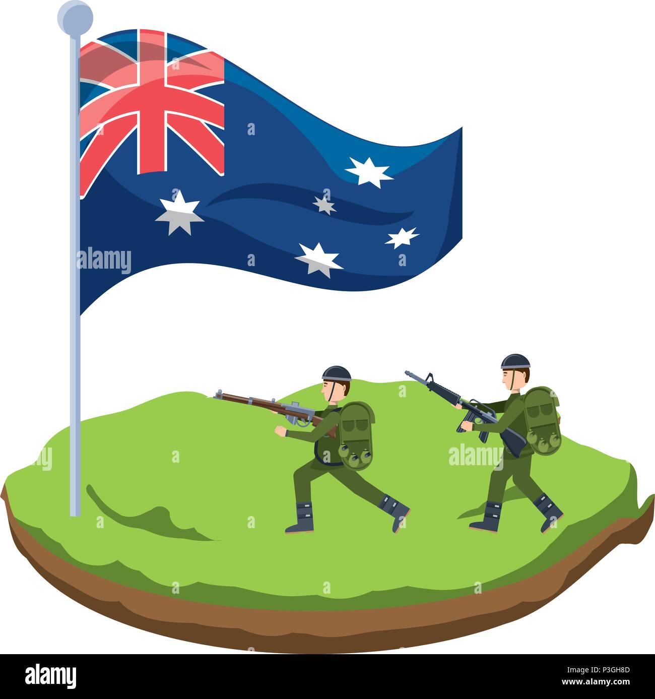 La conception de l'ANZAC day avec drapeau australien et militaires les soldats sur fond blanc, design coloré. vector illustration Illustration de Vecteur