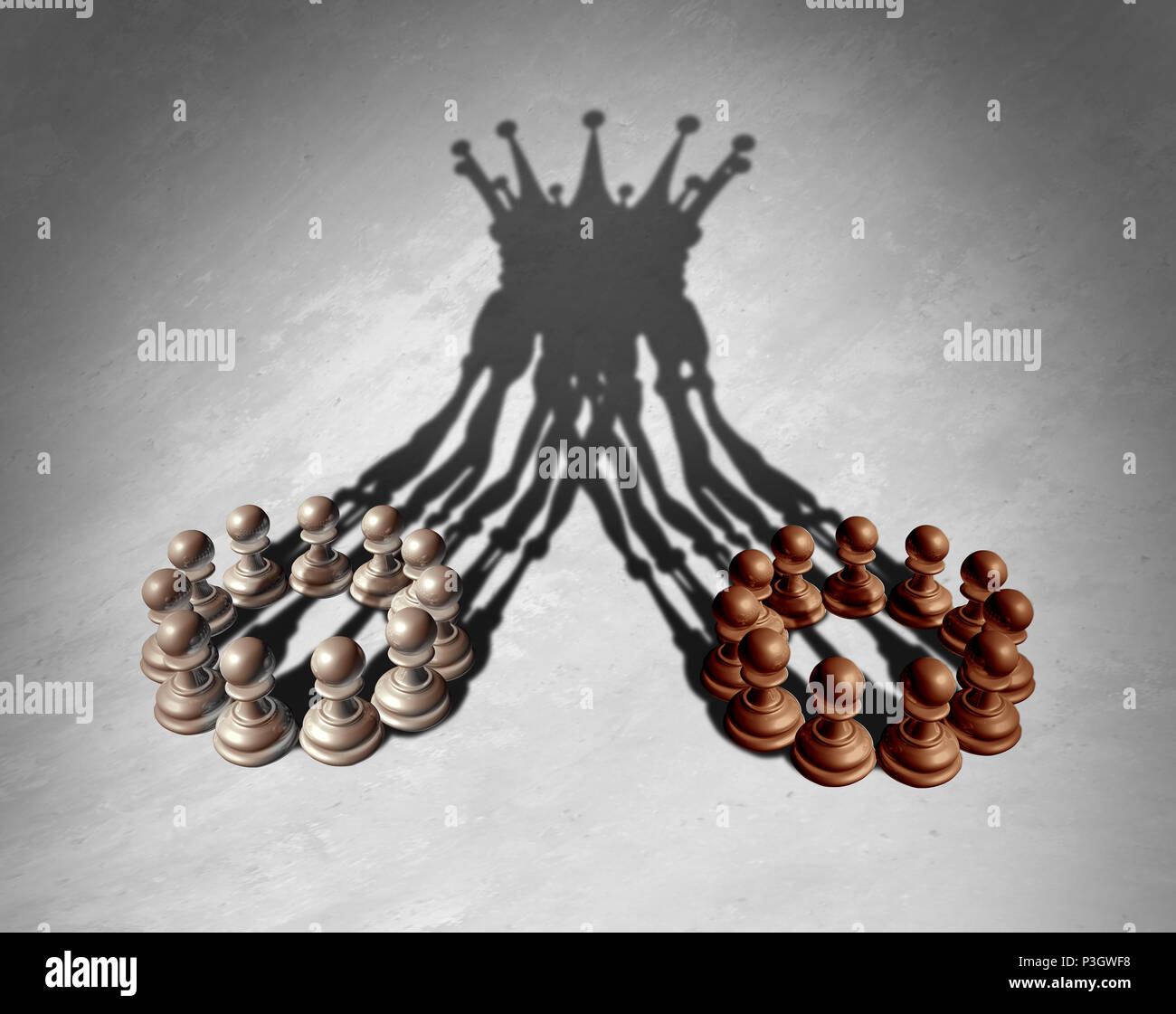 Groupe d'entreprise concept de leadership qu'une fusion et d'acquisition et d'équipe de l'entreprise combinant des points forts comme des pions d'échecs formant une couronne roi exprimés. Banque D'Images