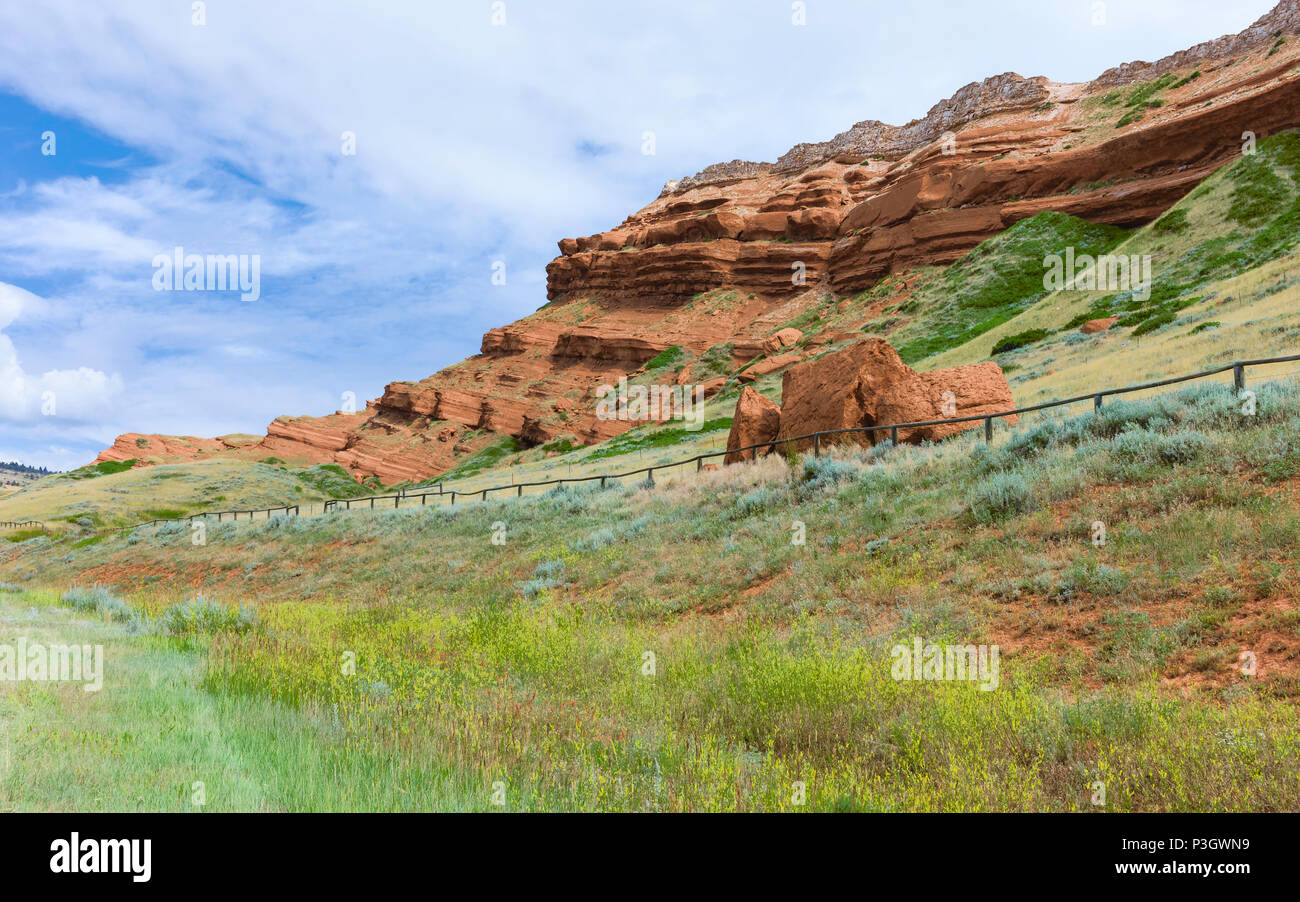 Affleurement colorés des contreforts des Rocheuses flanquée de graminées colorées près de Red Lodge, Montana, USA. Banque D'Images