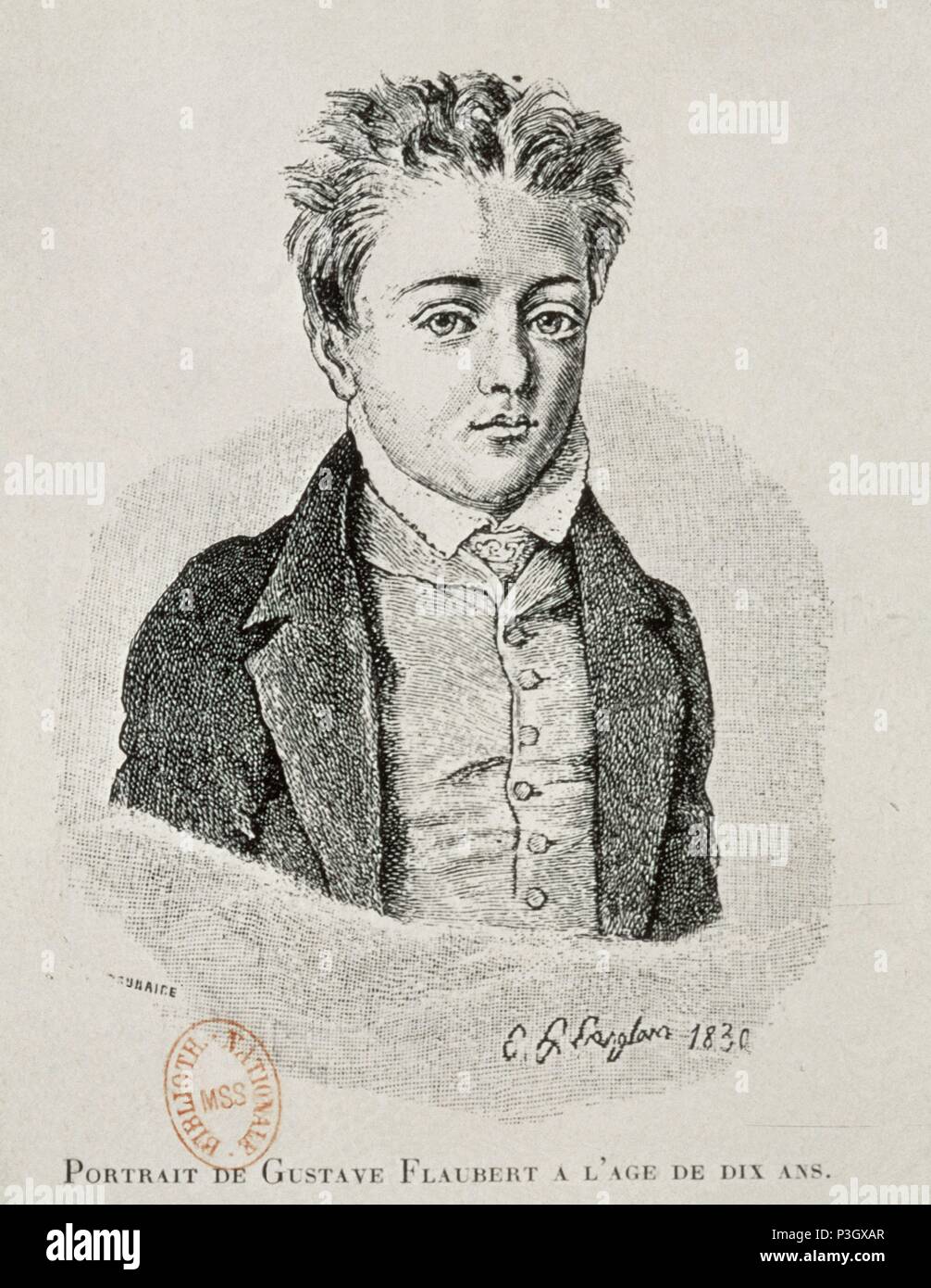 Gravure-GUSTAVO FLAUBERT A LA EDAD de diez años (1821-1880). Lieu : BIBLIOTHÈQUE NATIONALE, FRANCE. Banque D'Images