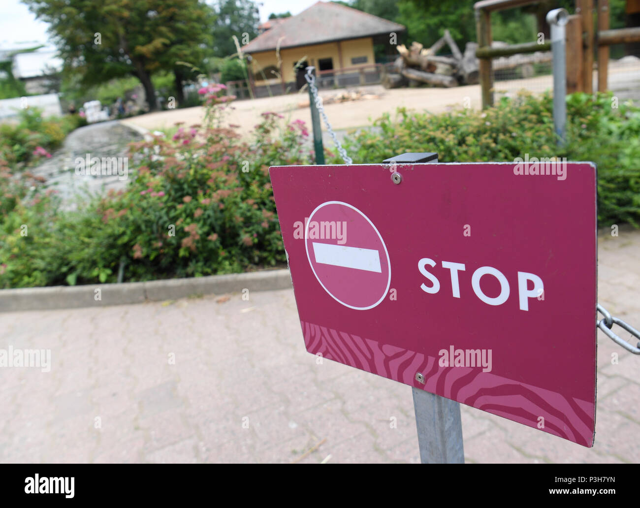 16 juin 2018, l'Allemagne, Frankfurt am Main : un signe avec le texte 'Stop' peut être vu à l'enceinte de chameau dans le zoo de Francfort. La mort d'un garçon de deux ans dans le zoo de Francfort était, d'après les enquêtes menées jusqu'à présent, d'un accident. L'enfant s'est noyé dans les douves, vendredi après-midi. Photo : Arne Dedert/dpa Banque D'Images