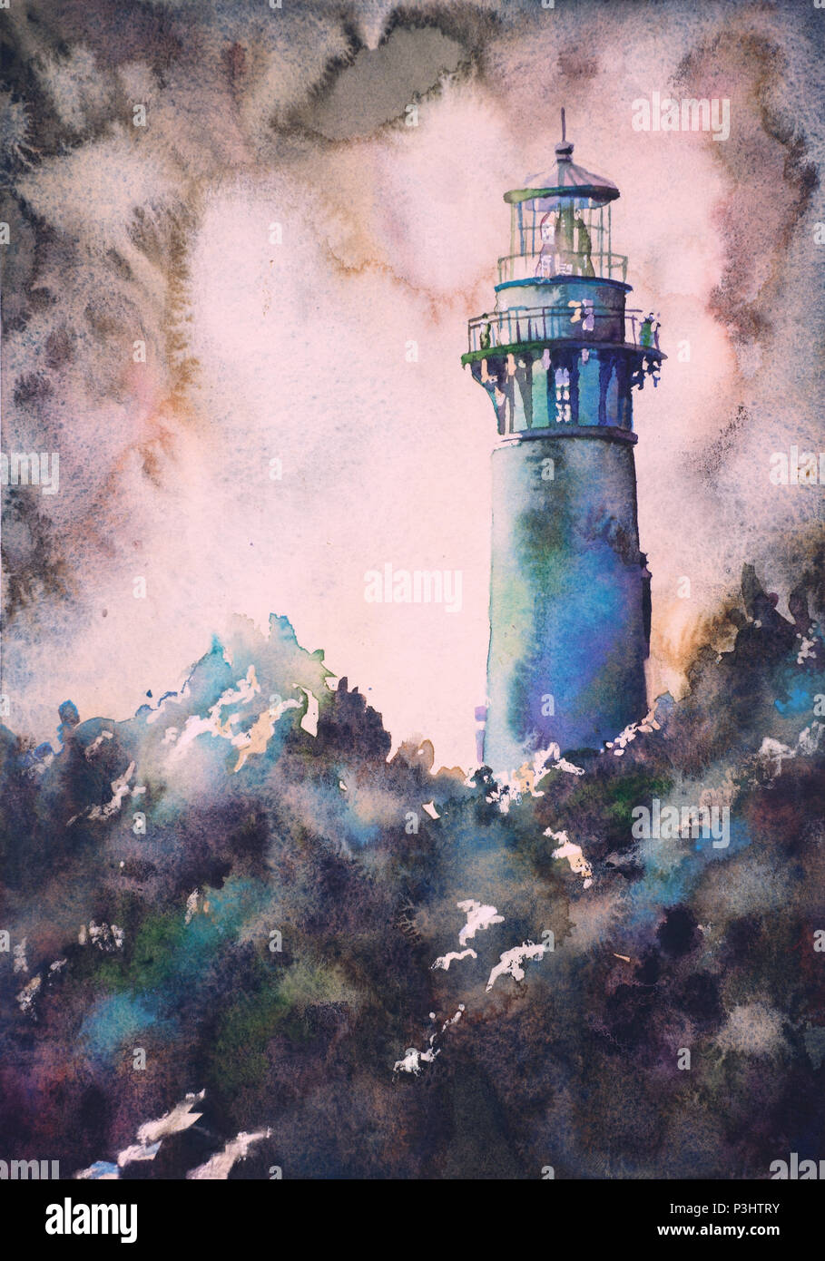 Peinture de Currituck Lighthouse dans les Outer Banks, Caroline du Nord, l'art de mur peinture phare paysage aquarelle fine art print lighthouse Banque D'Images