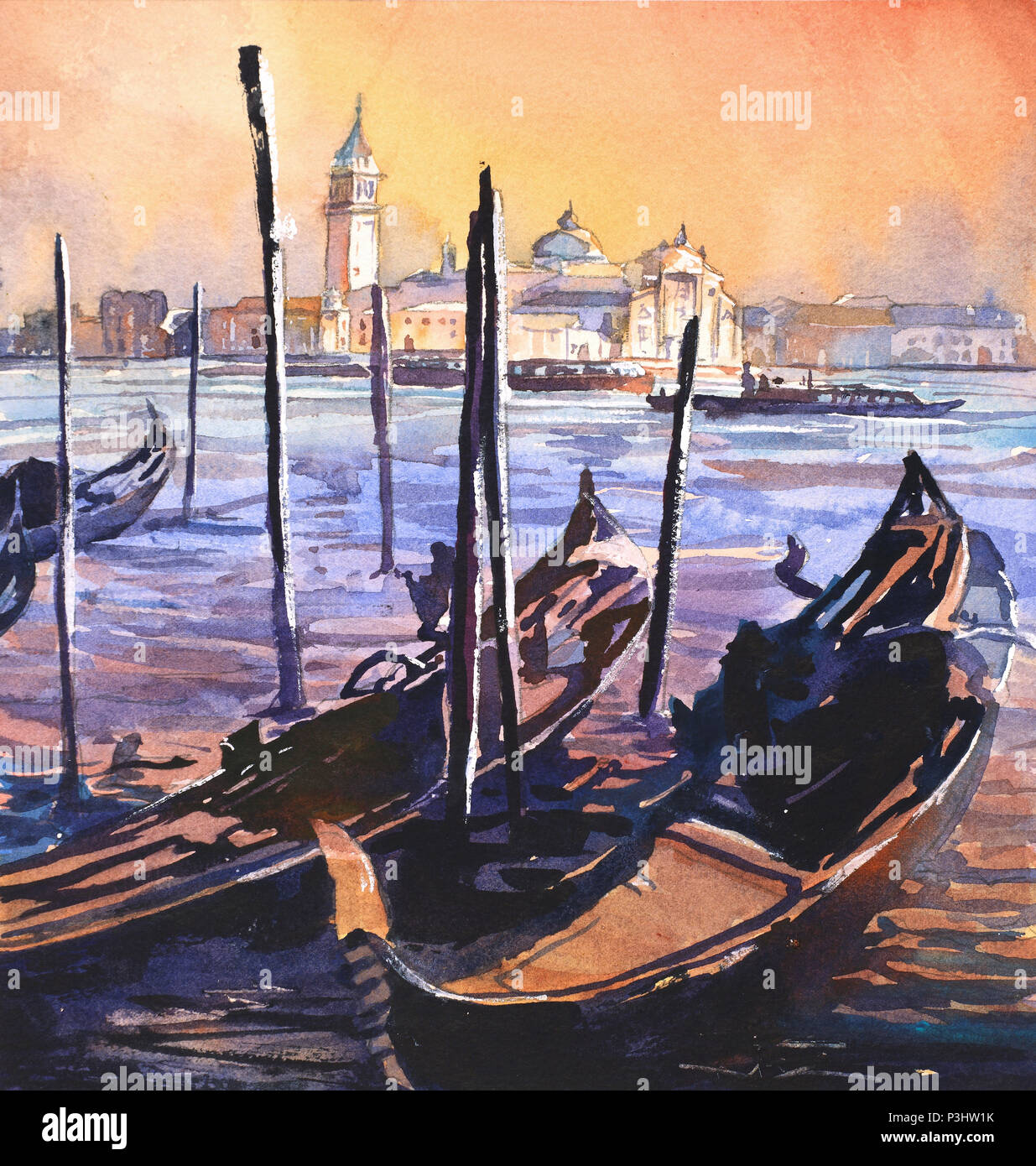 L'aquarelle de Venise au coucher du soleil, l'Italie, l'art de Venise aquarelle fine art giclee print Italie Venise Banque D'Images