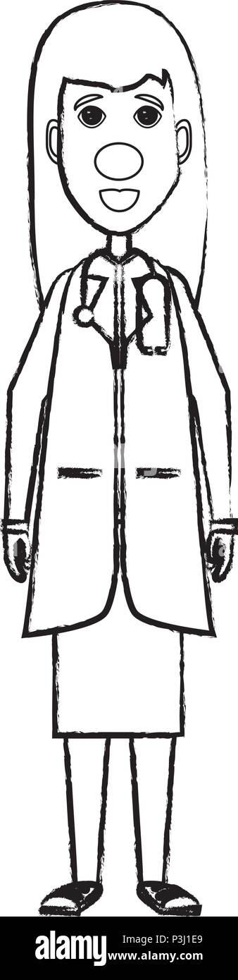 Cartoon femme médecin avec un nez de clown rouge debout sur fond blanc, vector illustration Illustration de Vecteur