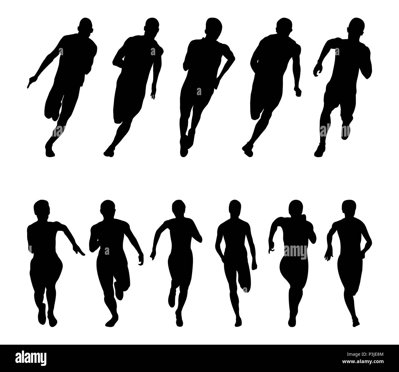 Définir les sprinters coureurs hommes et femmes Groupe d'exécution silhouette noire Banque D'Images