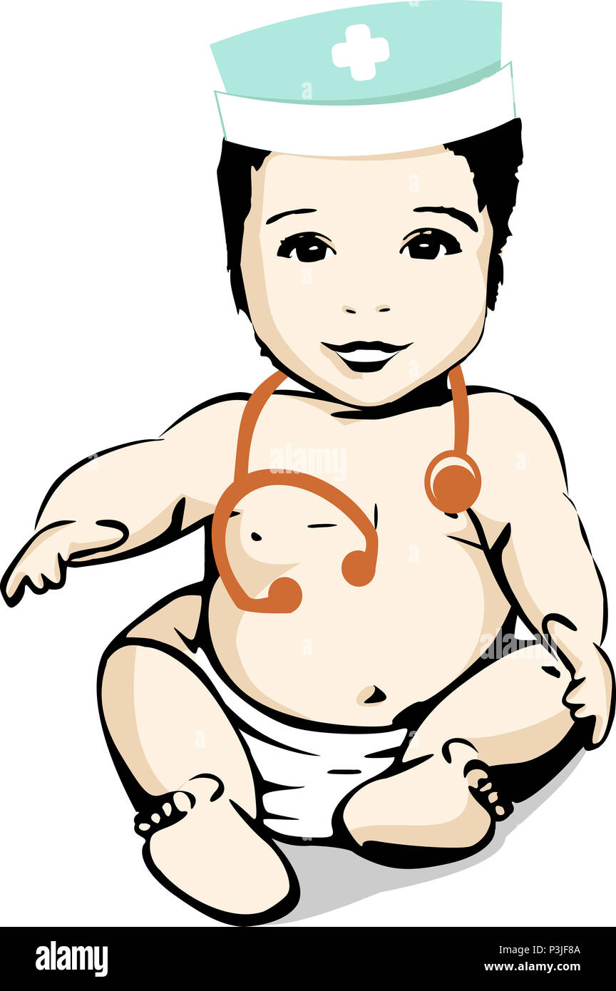Un Bebe Dans Une Couche Avec Un Stethoscope Autour Du Cou Et De L Infirmiere Au Hat Illustre La Medecine Pour Les Bebes Et Les Enfants Photo Stock Alamy