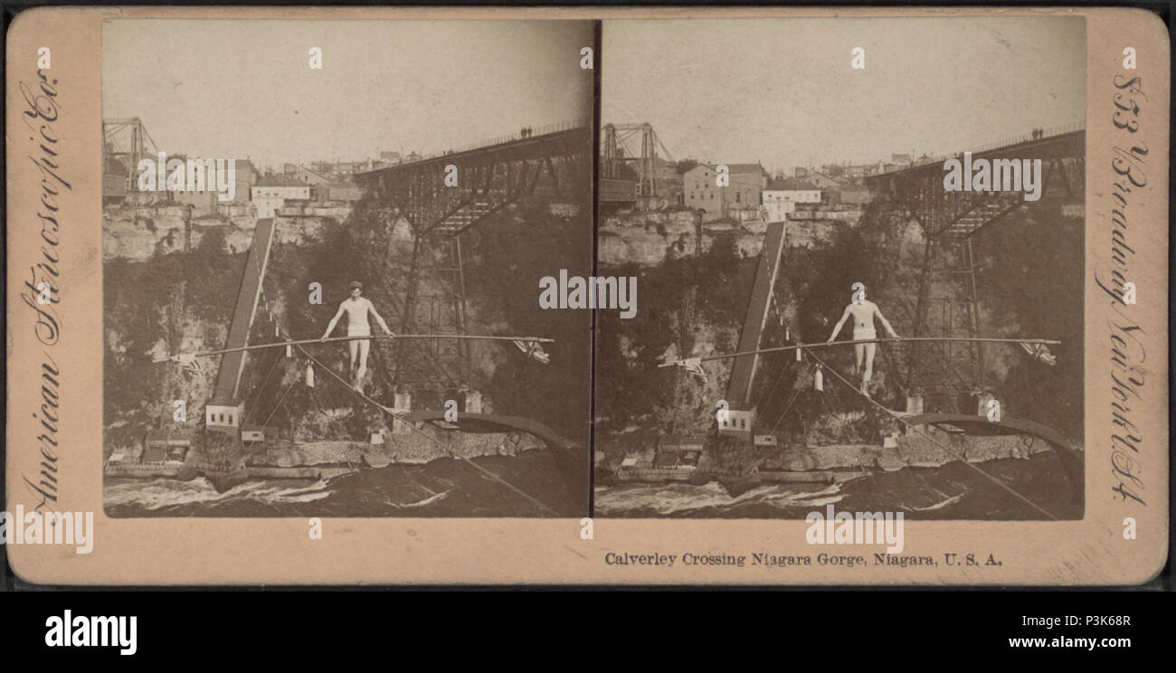 51 Calverley crossing gorge Niagara, Niagara, U.S.A. (traversant la gorge sur une corde raide.), de Robert N. Dennis collection de vues stéréoscopiques Banque D'Images