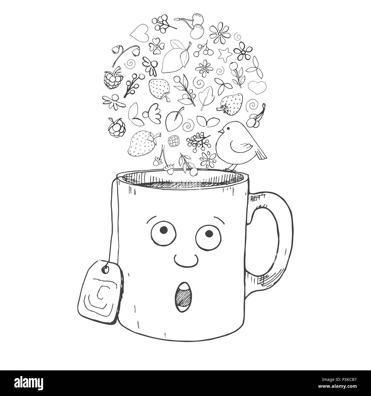 Une tasse à la main dans le style dessin animé, des herbes, des plantes, des baies et des oiseaux. Vector illustration d'un croquis de style. Illustration de Vecteur