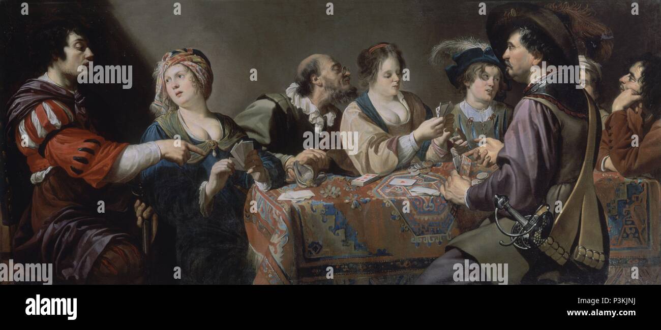 JUGADORES DE NAIPES - siglo XVII - OLEO/LIENZO - 100x223 cm - ESCUELA FLAMENCA - NP 1636. Auteur : Theodor Rombouts (1597-1637). Emplacement : Museo del Prado-PINTURA, MADRID, ESPAGNE. Banque D'Images