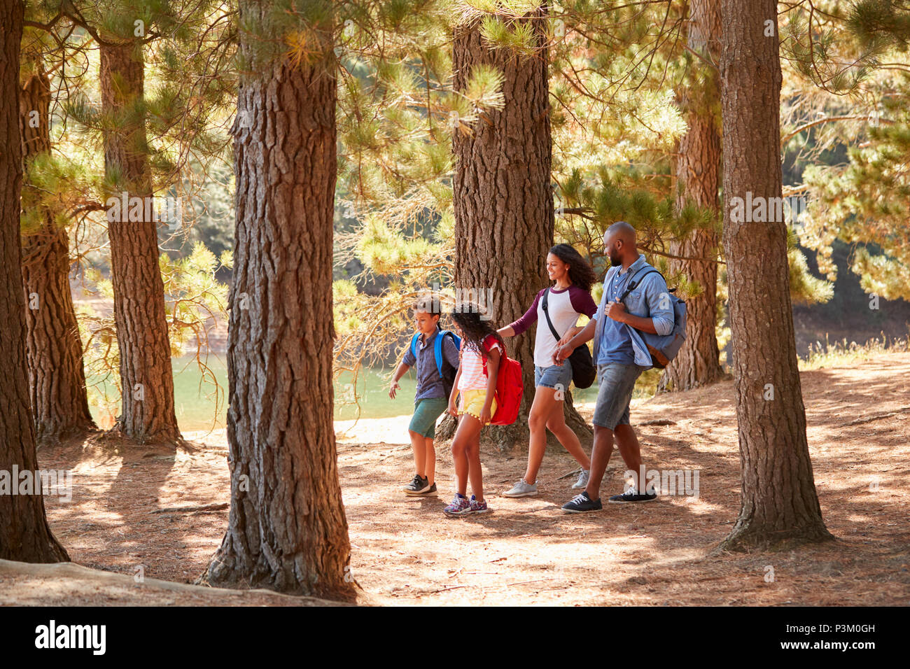 Sur la famille Aventure randonnée à travers bois par Lake Banque D'Images