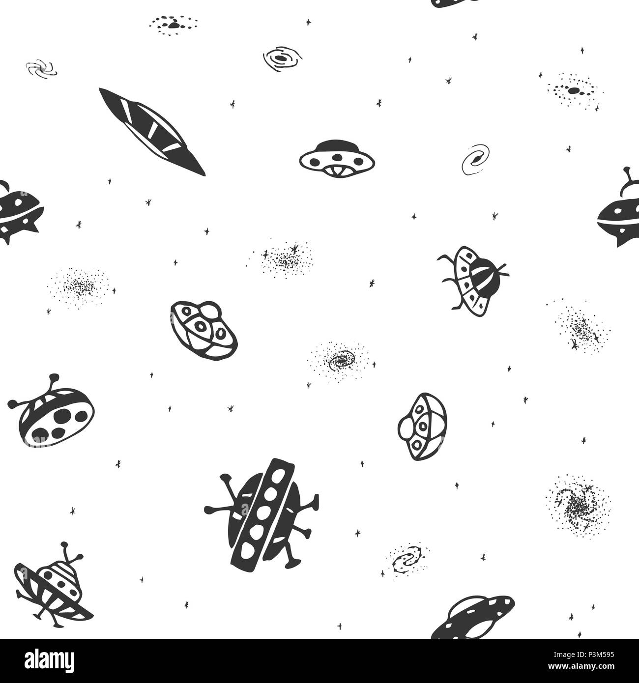 Vector seamless background d'OVNI dessiné à la main. Doodle UFO soucoupe volante et Galaxie. Modèle d'OVNIS Illustration de Vecteur