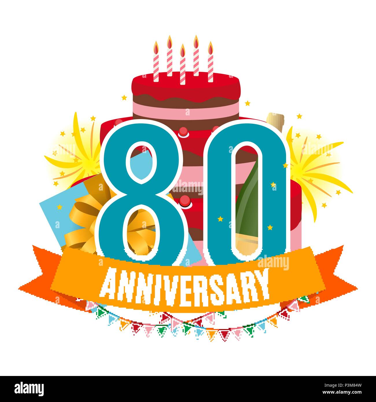 80 ans modèle anniversaire félicitations, Carte de souhaits avec gâteau, cadeau, Fireworks et ruban Invitation Vector illustration EPS10 Illustration de Vecteur
