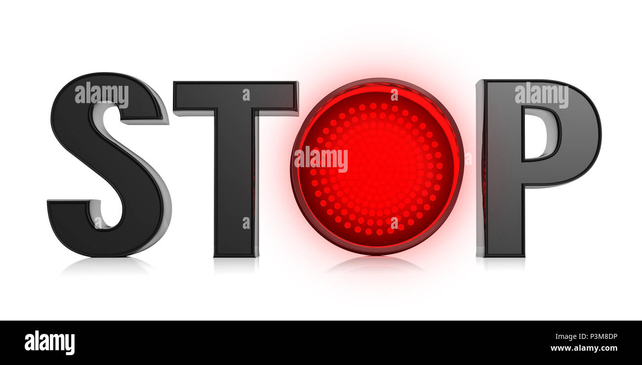 Texte d'arrêt avec le feu rouge isolé sur fond blanc. 3d illustration Banque D'Images