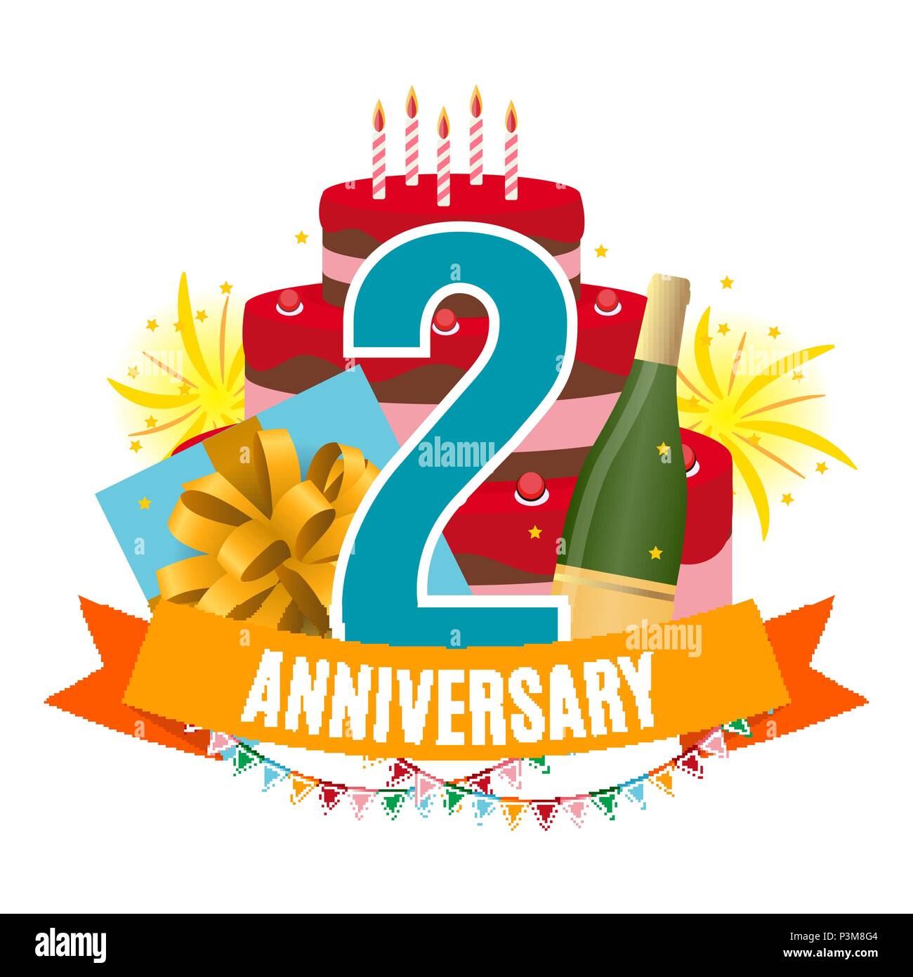 Modele 2 Ans Anniversaire Felicitations Carte De Souhaits Avec Gateau Cadeau Fireworks Et Ruban Invitation Vector Illustration Eps10 Image Vectorielle Stock Alamy