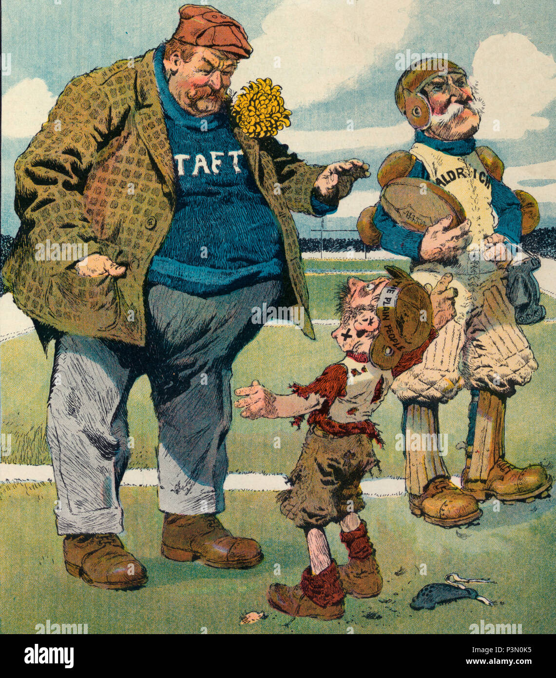 L'illustration montre un petit joueur de football portant la mention "la Plaine" de dire le président Taft, en tant que juge-arbitre, qu'un joueur marqués 'Aldrich' pour l'équipe adverse joue un sale jeu, d'enfreindre les règles et de tricherie, mais pénalise jamais Taft lui pour ses actions. Caricature politique, vers 1909 Banque D'Images