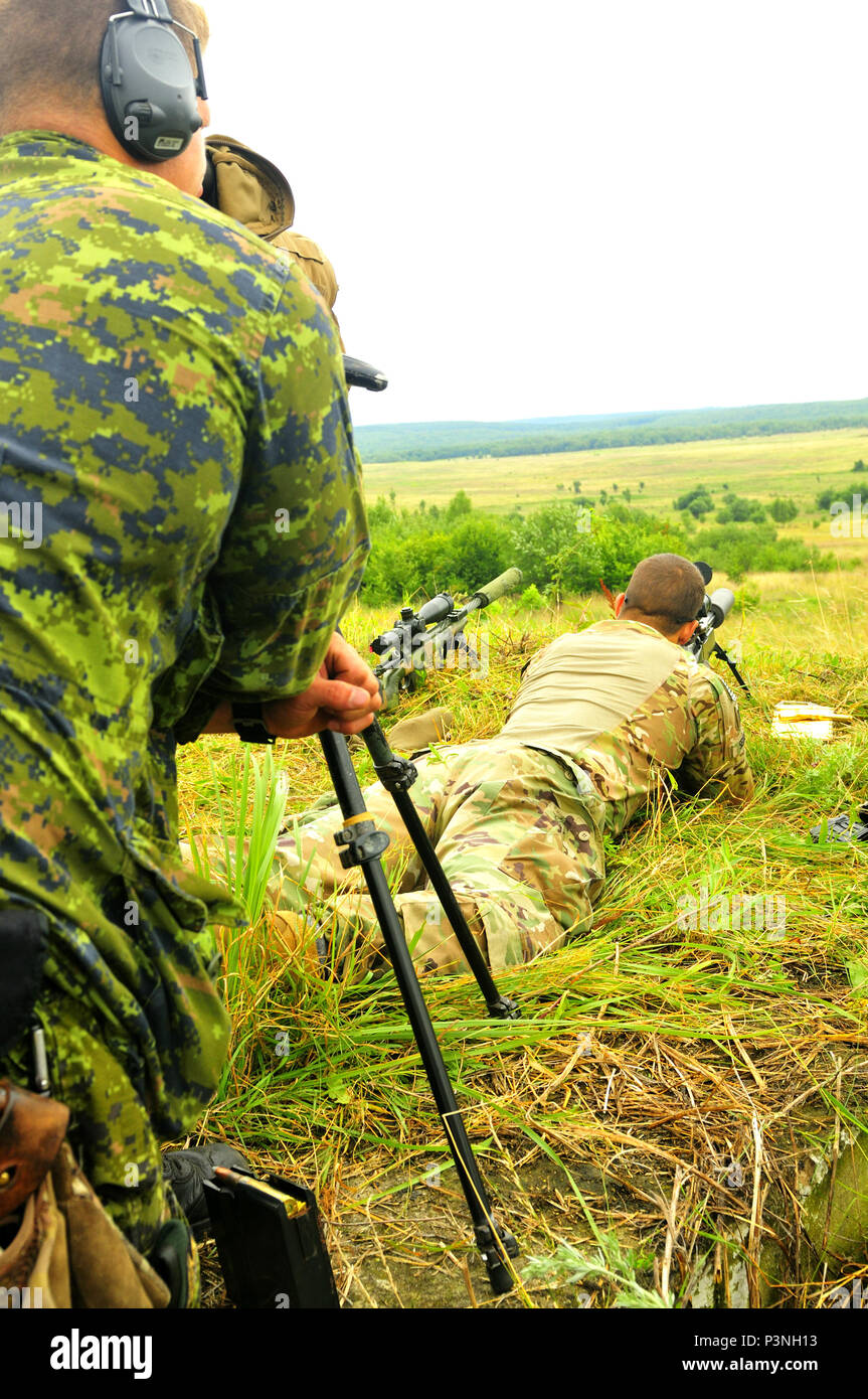L'viv, Ukraine--un sniper canadien observe coups tirés par un fusil de calibre .50 Canadien par un soldat américain ici le 18 juillet. La gamme a donné les partenaires multinationaux multinational interarmées à Group-Ukraine l'occasion de découvrir divers fusils de précision à partir des États-Unis, le Canada et l'Ukraine. JMTG-U est un effort multinational pour aider à former des unités ukrainiennes indefensive la lutte contre les compétences nécessaires pour accroître la capacité de l'Ukraine pour l'auto-défense. (U.S. Photo de l'armée par le Capitaine Scott Kuhn) Banque D'Images