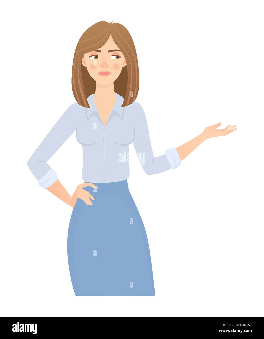 Femme d'affaires isolées. Pose d'affaires et de geste. Young businesswoman illustration. Main Point Banque D'Images
