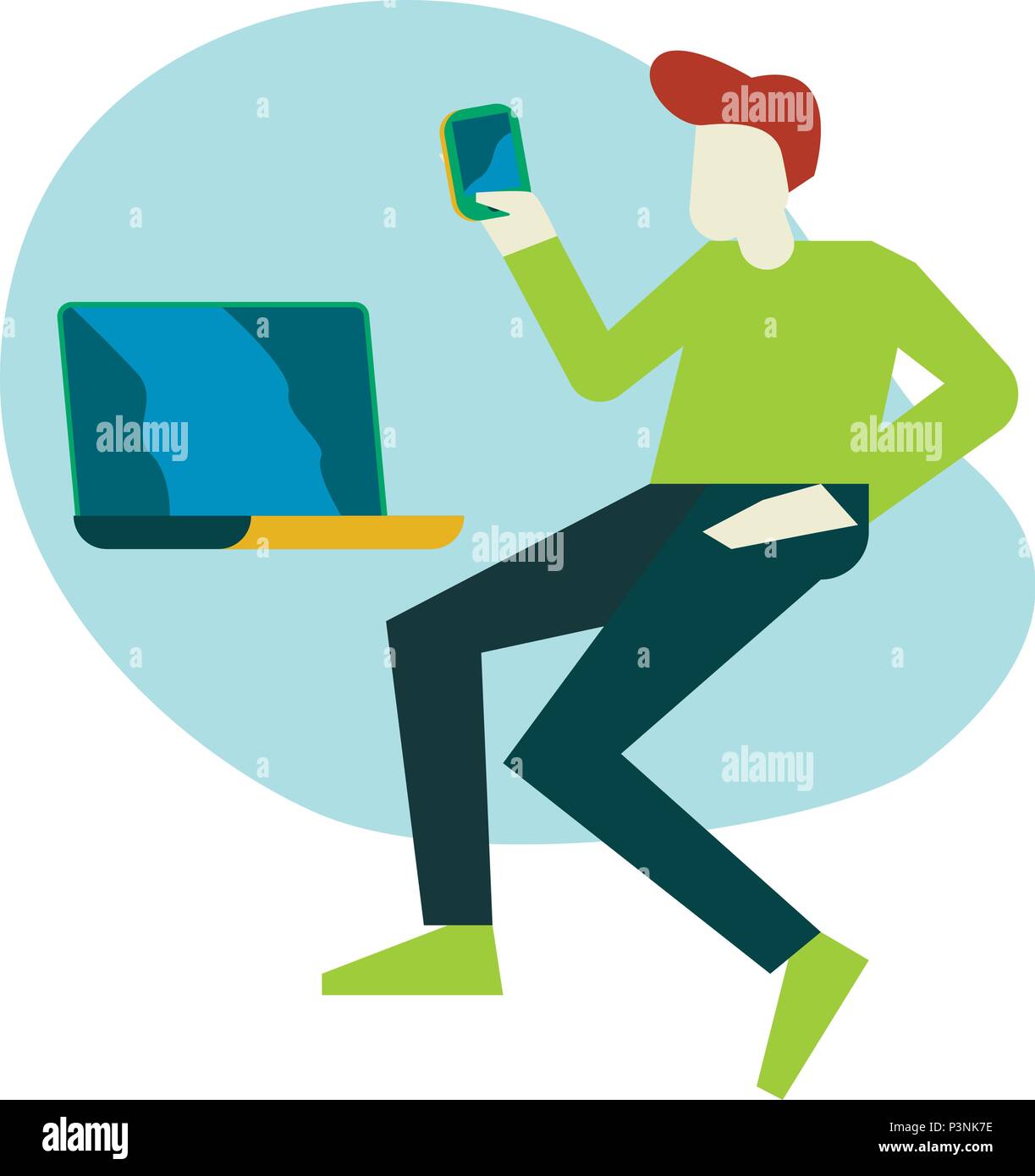 Cute boy holding a laptop and smartphone Illustration de Vecteur