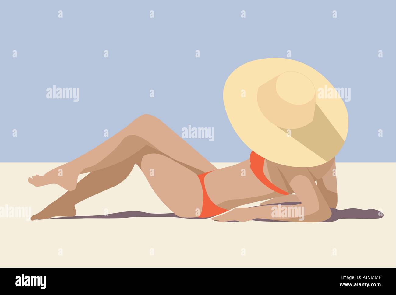 Fille dans le chapeau sur la plage ensoleillée de soleil Illustration de Vecteur