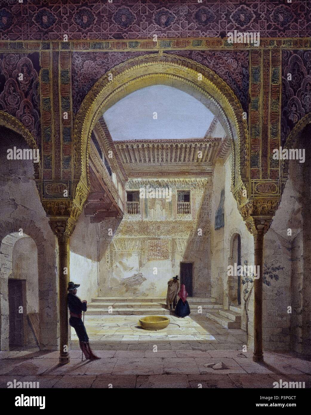 Gravure - ALHAMBRA:Le PATIO DE LA MOSQUÉE- SIGLO XIX. Auteur : Léon Auguste Asselineau (1808-1889). Emplacement : ALHAMBRA-MUSEO-gravure, ESPAGNE. Banque D'Images