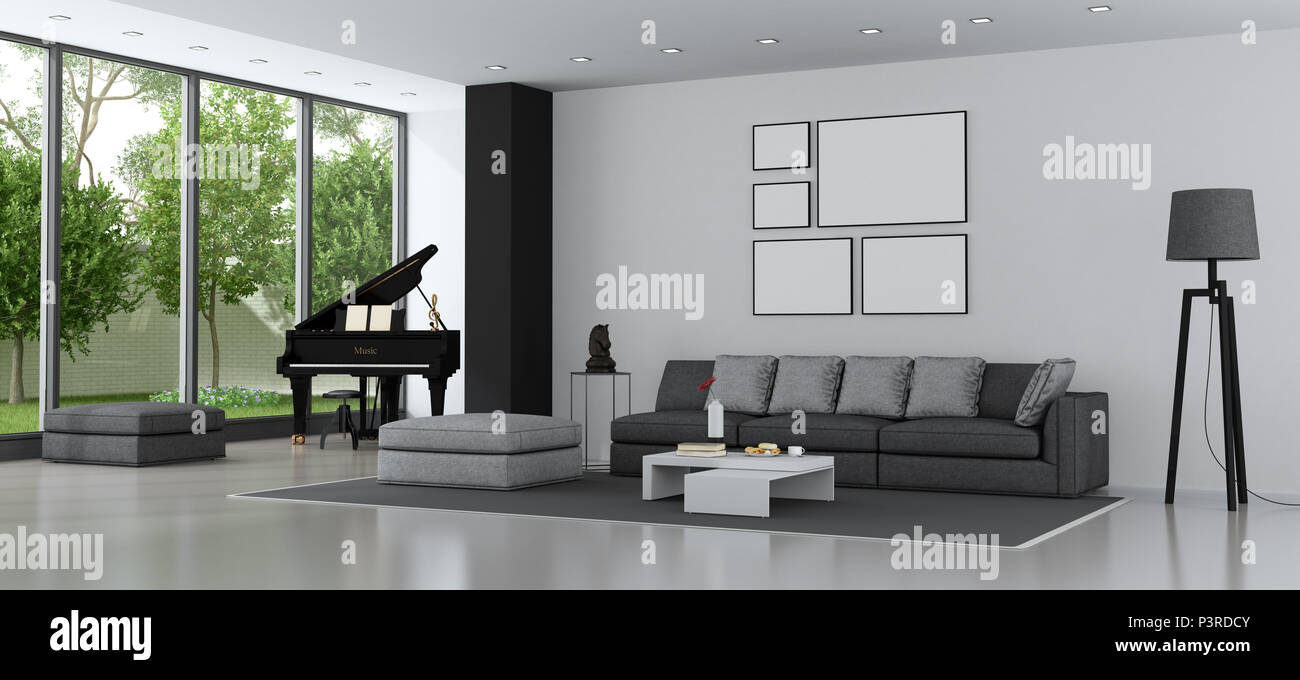 Salon d'une villa moderne avec canapé et grand piano - 3D Rendering Banque D'Images