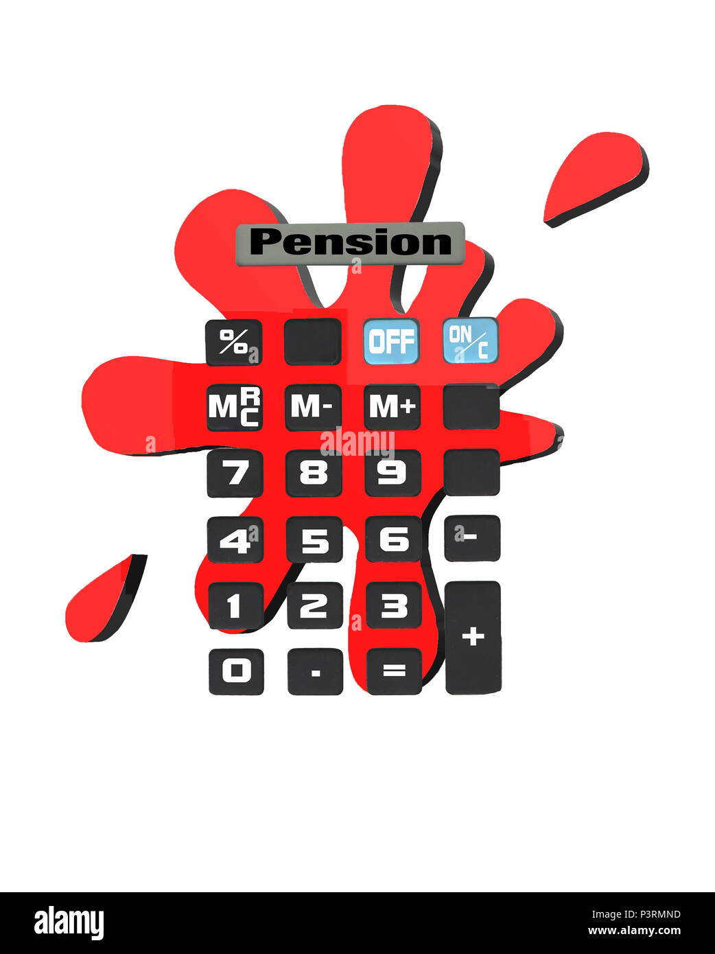 Calculatrice avec 3D rouge blob sur fond blanc. Calculer la pension de retraite ou concept. Économiser de l'argent pour la retraite Banque D'Images