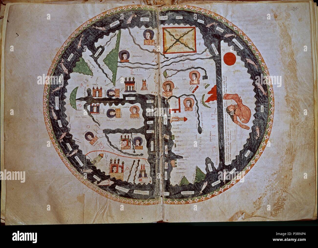 La carte du monde du commentaire sur l'Apocalypse.. Le Codex 1, folio 34V-35. Province de Soria, El Burgo del Osma cathédrale. Auteur : Beatus de Liébana (ch. 730-c. 798). Emplacement : CATEDRAL-BIBLIOTECA, Burgo de Osma, Soria, ESPAGNE. Banque D'Images
