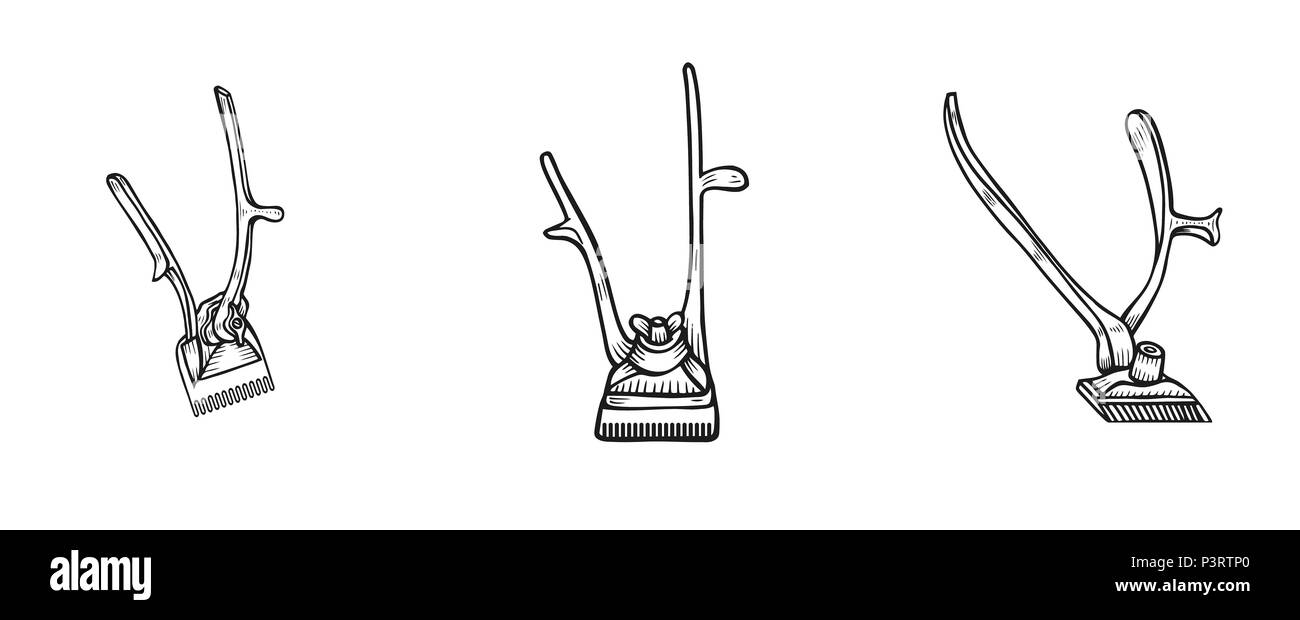 Tondeuse à cheveux mécanique dessiné à la main illustration isolé sur blanc dans la région de Old vintage style gravure. Barber shop . Banque D'Images