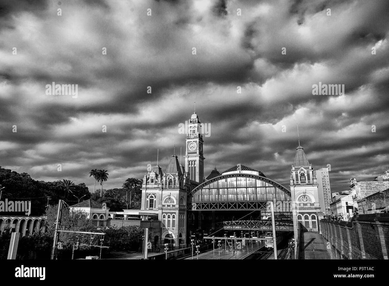 SÃO PAULO, SP - 29.07.2014 : ESTAÇÃO DA LUZ - Vista diurna da fachada externa da Estação da Luz, aucun centro, de São Paulo, SP. Trem, metrô, Luz, ferroviaria. Foto em preto e branco. (Foto : Luis Blanco / Fotoarena) Banque D'Images