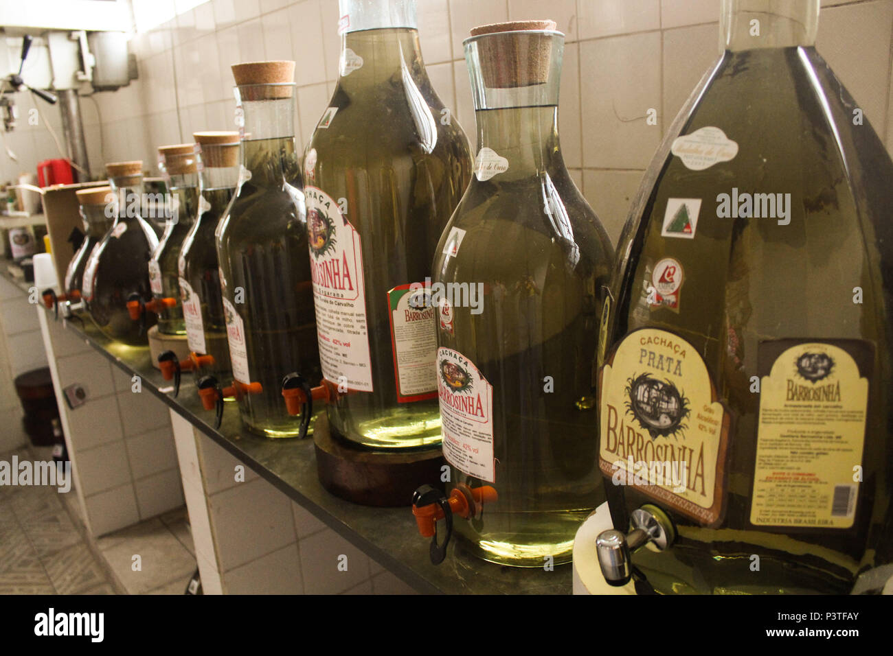 BARROSO, MG - 11.01.2016 : DESTILARIA DE CACHAÇA - Garrafas envasadas. Destilaria de cachaça artesanal na Cidade de Barroso em Minas Gerais. (Foto : Aloisio Mauricio / Fotoarena) Banque D'Images