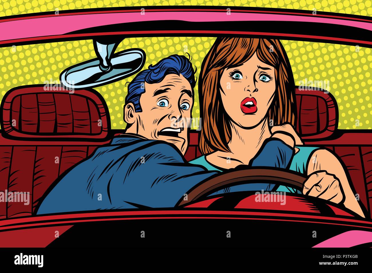 Accident de la route en voiture. Funny man and woman driver Illustration de Vecteur