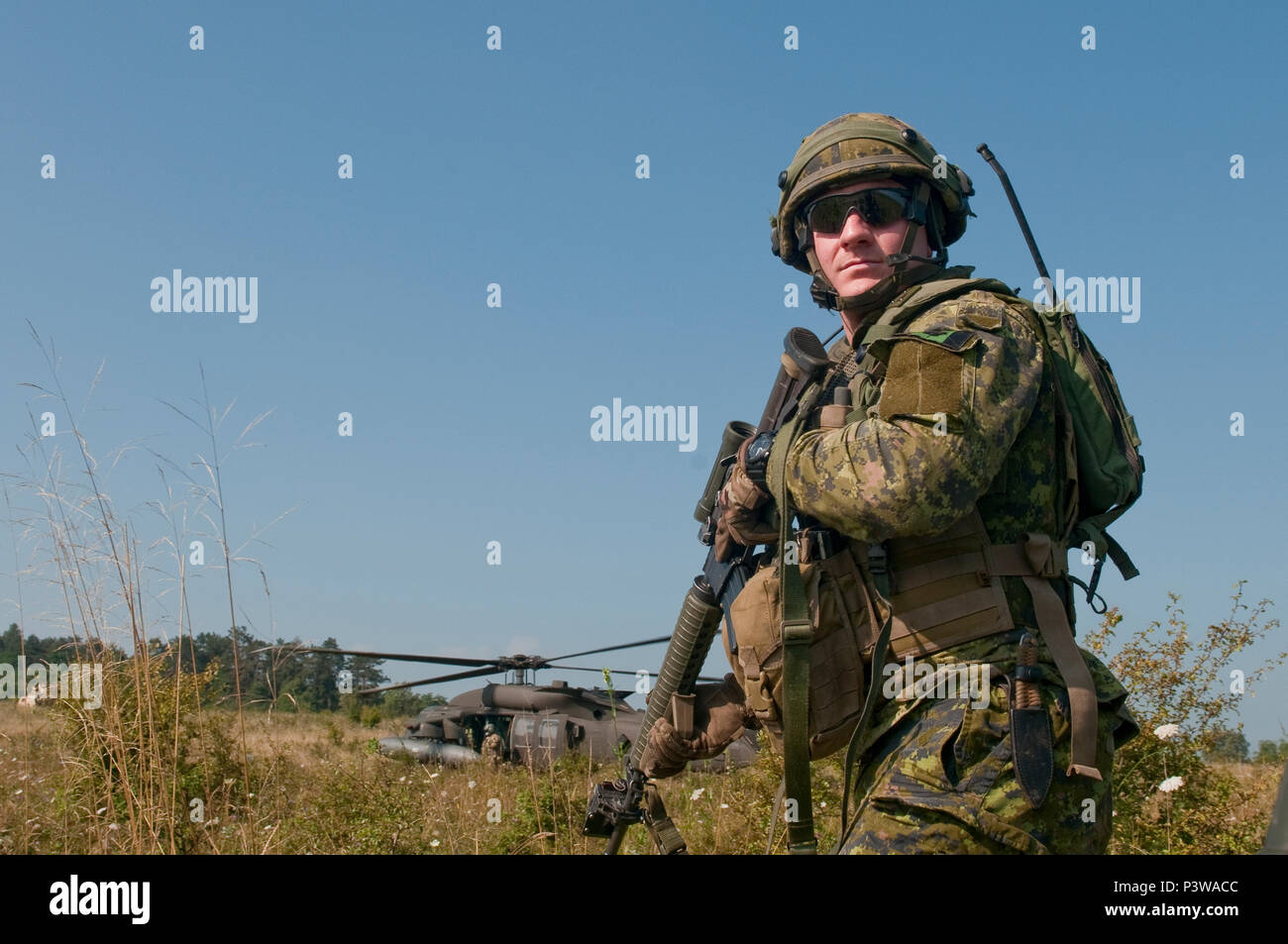 Des soldats des Forces armées canadiennes avec le 1er Bataillon, Royal 22e Régiment se préparer à une agression de l'air au cours de l'effort à la gardienne de Sabre de combat de l'Armée de terre roumaine en centre de formation Cincu, Roumanie 31 juillet 2016. Saber Guardian est un exercice militaire multinationale impliquant environ 2 800 militaires provenant de neuf pays dont l'Arménie, Azerbaïdjan, Bulgarie, Canada, Géorgie, Moldova, Pologne, Roumanie, l'Ukraine et les États-Unis Les objectifs de cet exercice sont à construire, multinationales et régionales en améliorant la capacité de partenariat conjoint relations militaires professionnels, l'échange Banque D'Images