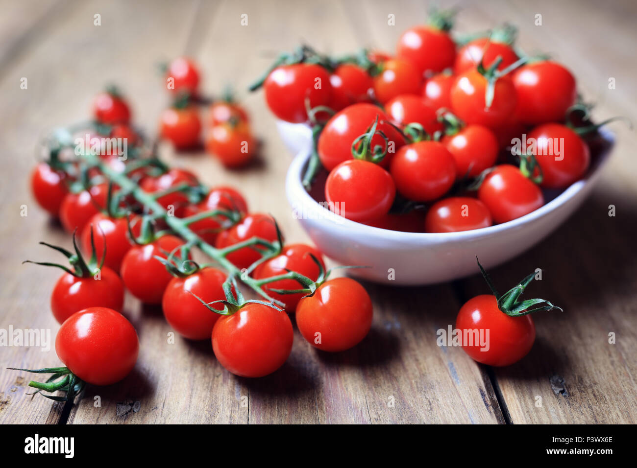 Tomates cerises fraîches sur la vigne Banque D'Images