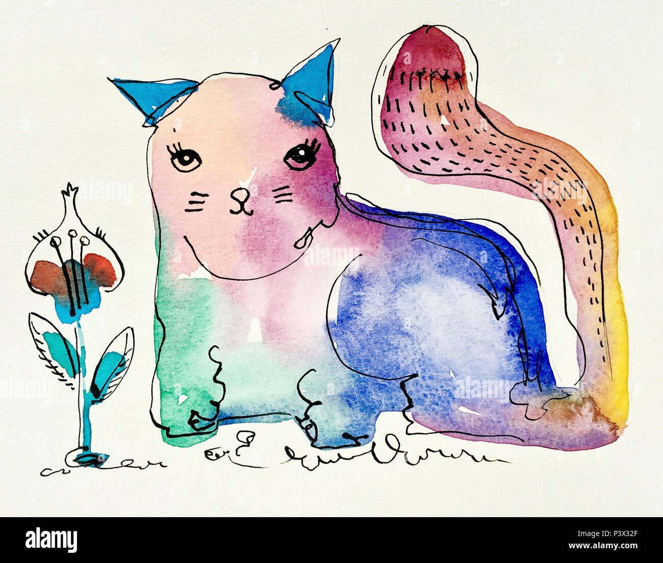 Main aquarelle dessin d'un chat Banque D'Images