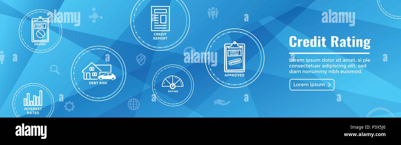 En-tête de la cote de crédit de la dette, la bannière Web w, carte de crédit et votre pointage de crédit Icon Set Illustration de Vecteur