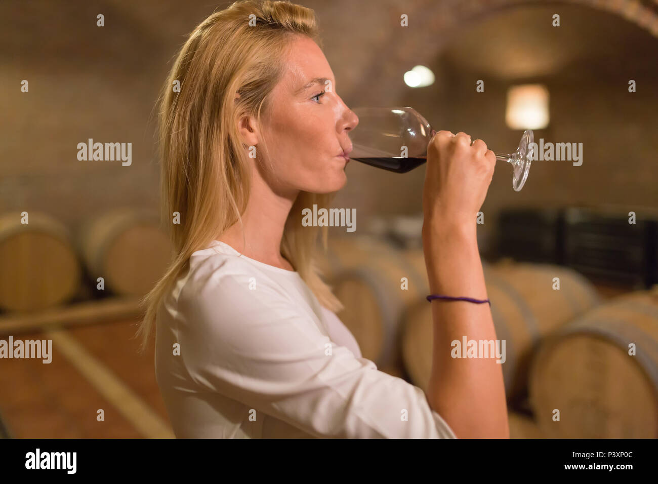 Belle femme oenologue vin dégustation Banque D'Images